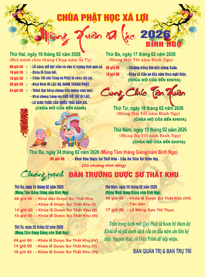 CHƯƠNG TRÌNH TẾT BÍNH NGỌ 2026 TẠI CHÙA PH XÁ LỢI