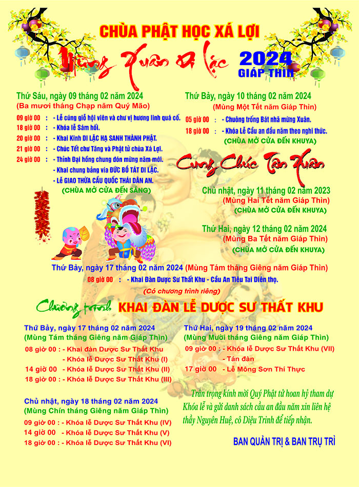 CHƯƠNG TRÌNH TẾT GIÁP THÌN 2024 TẠI CHÙA PHẬT HỌC XÁ LỢI