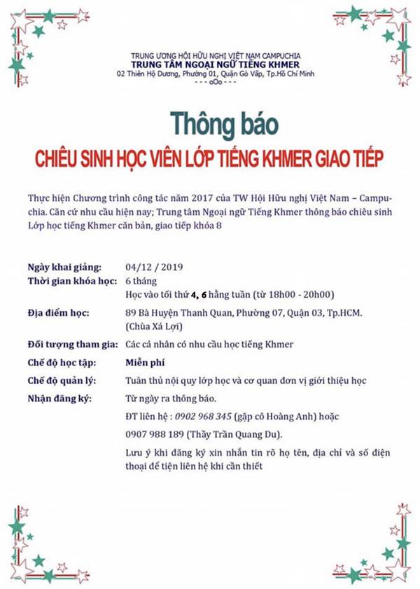 CHIÊU SINH HỌC VIÊN LỚP TIẾNG KHMER GIAO TIẾP
