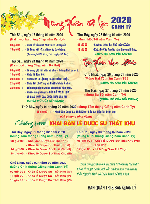 CHƯƠNG TRÌNH TẾT CANH TÝ 2020 TẠI CHÙA PHẬT HỌC XÁ LỢI